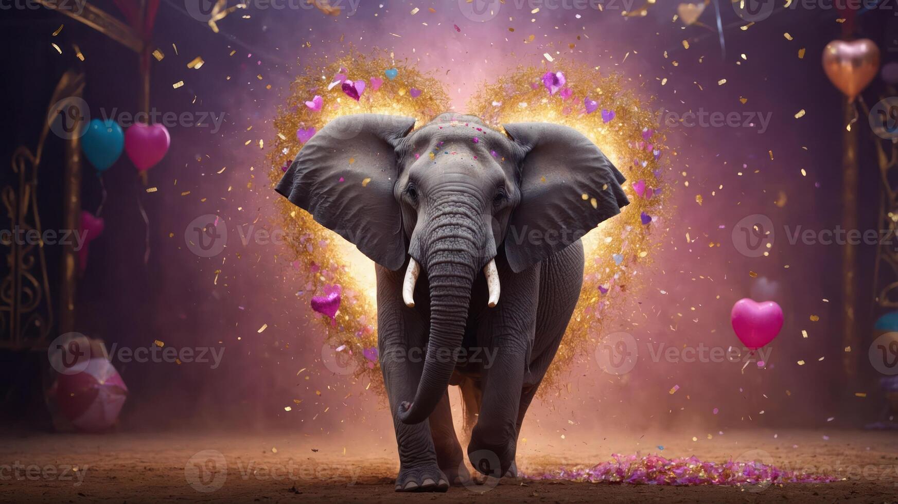 An elephant walks through a colorful, festive scene filled with hearts and confetti. photo