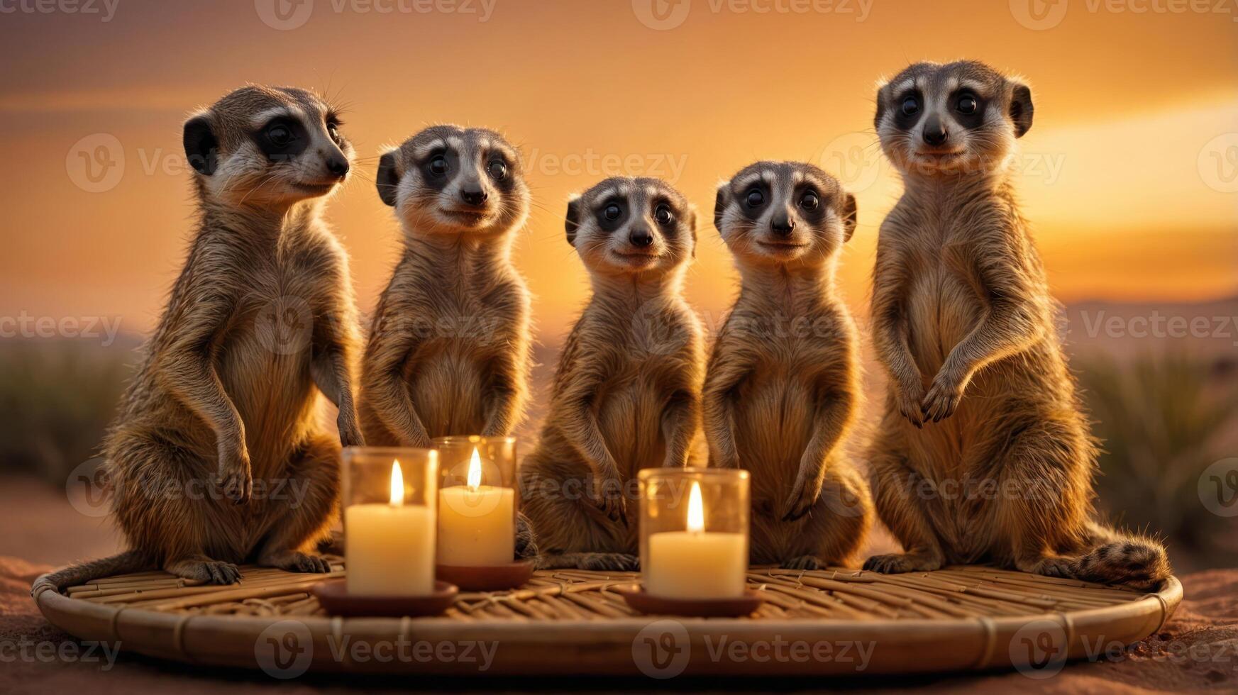 Five meerkats gathered around candles at sunset, creating a serene atmosphere. photo