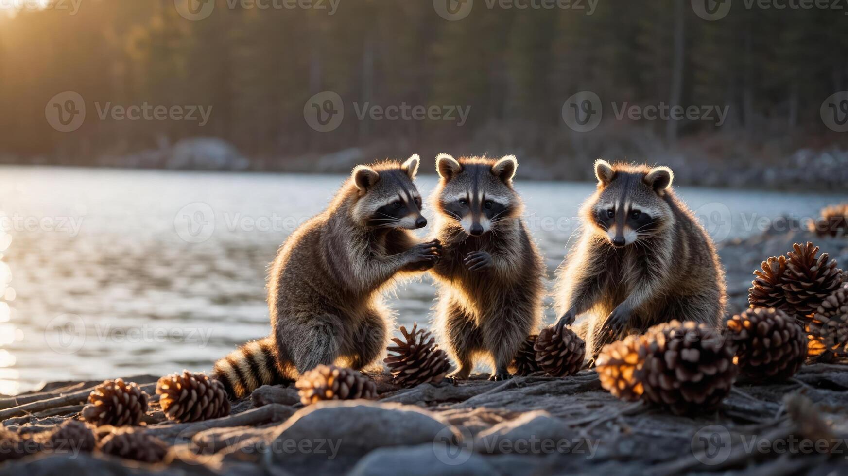 Three raccoons play by a lakeside at sunset, surrounded by pine cones. photo