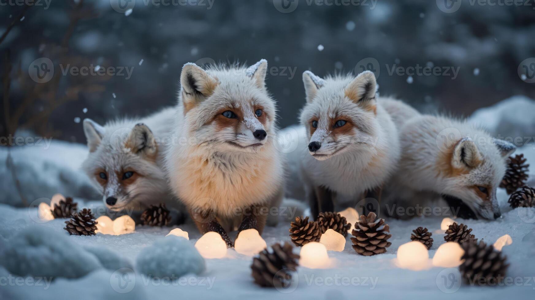 A serene winter scene featuring four foxes surrounded by pinecones and glowing lights. photo