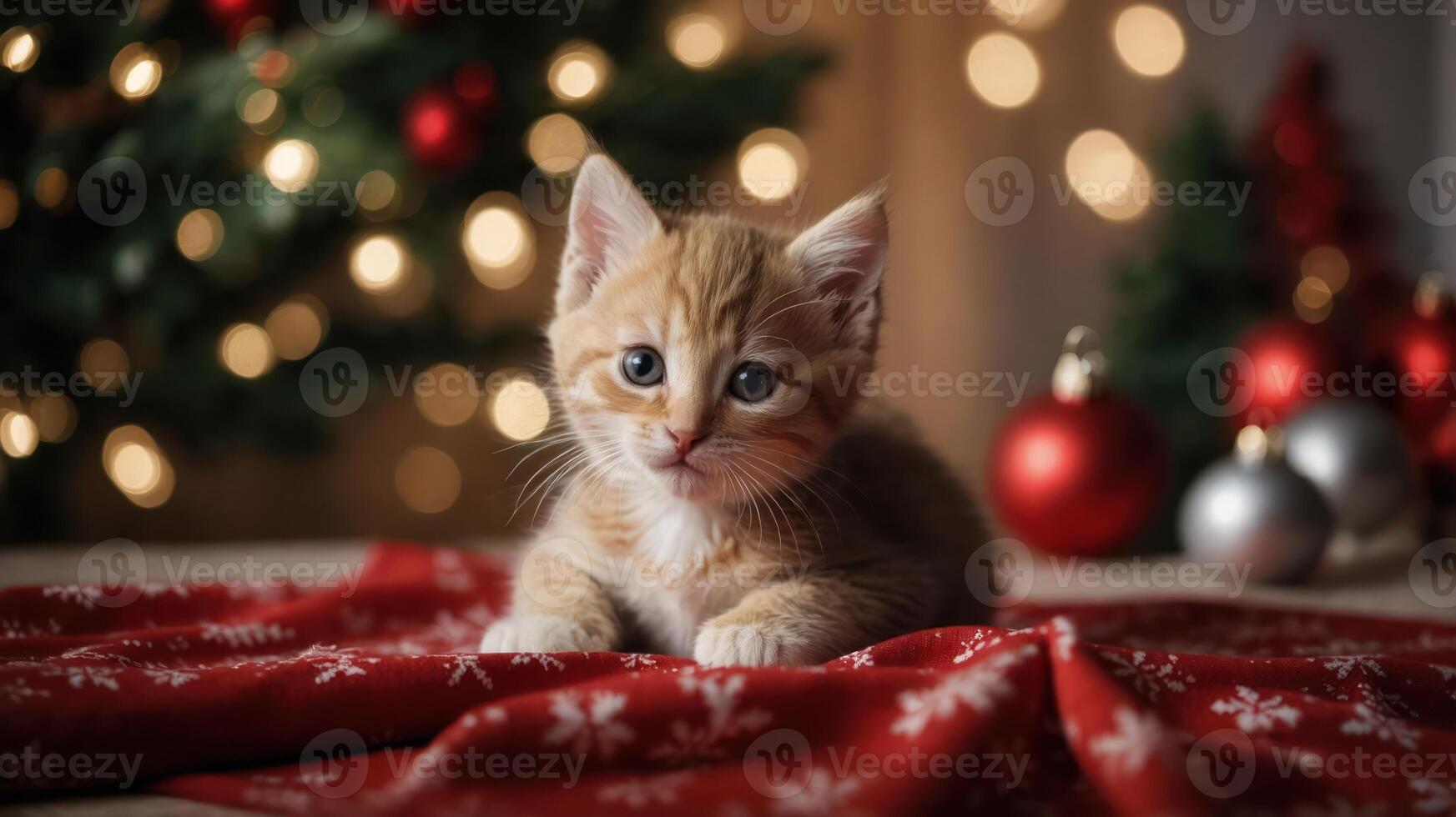 A cute orange kitten on a festive red blanket with holiday decorations in the background. photo
