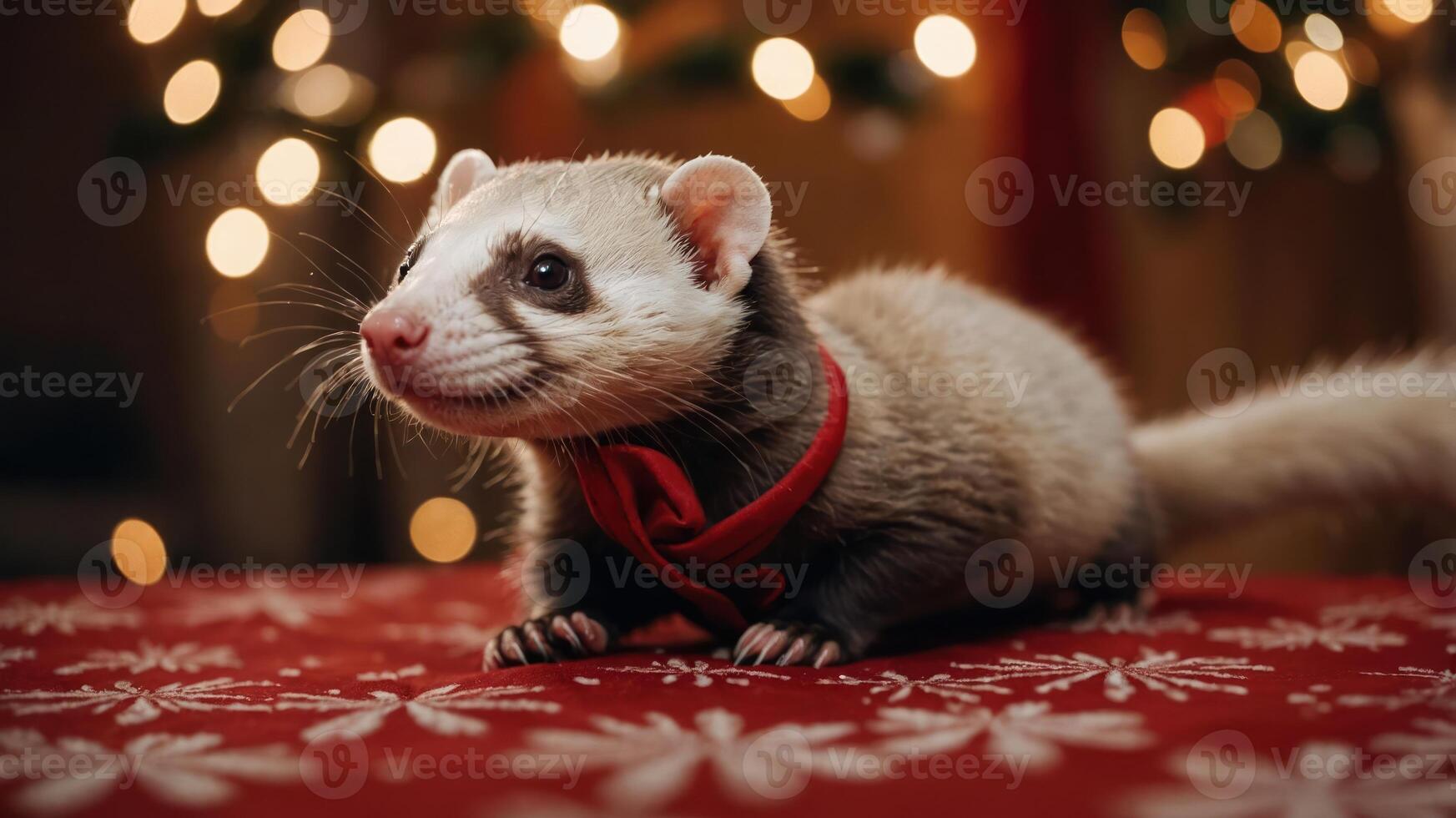 A ferret wearing a red bowtie on a festive table with holiday lights in the background. photo
