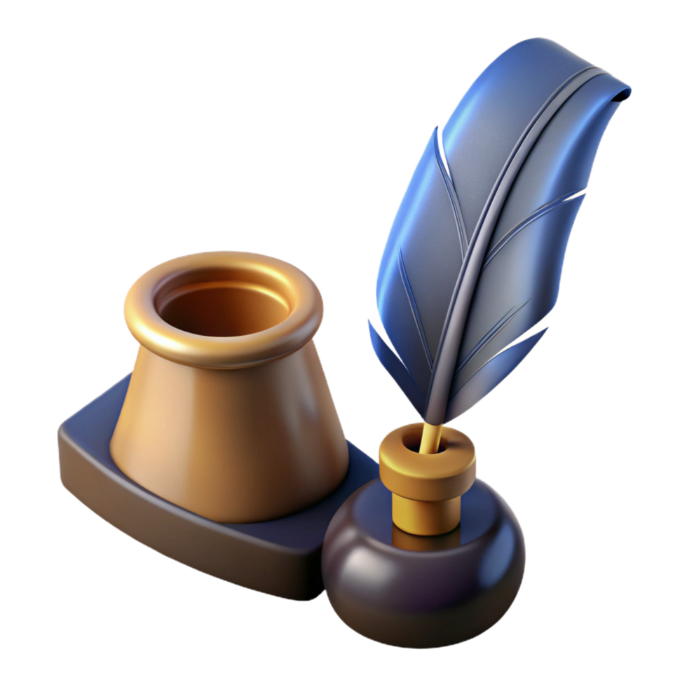 exceptional avant-garde Feather pen, ink well, parchment NO BACKGROUND with Transparent Background. refined png
