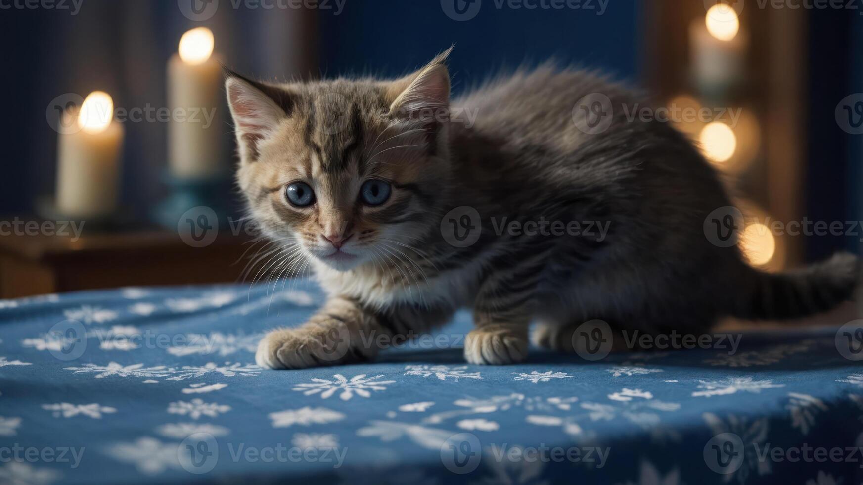 A playful kitten exploring a table with a blue tablecloth, illuminated by soft candlelight. photo