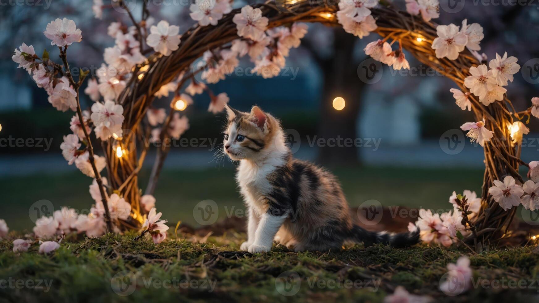 A kitten sits gracefully amidst cherry blossoms and soft lights, creating a serene atmosphere. photo