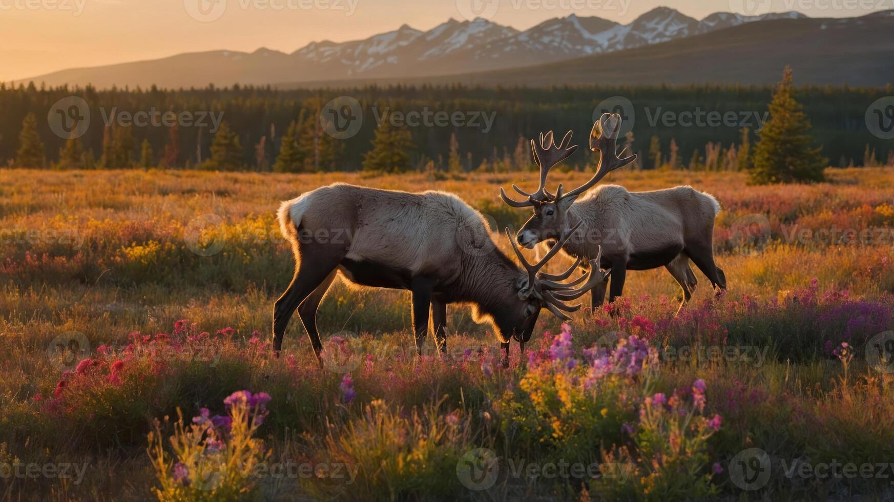 Two reindeer grazing in a colorful meadow with mountains in the background at sunset. photo