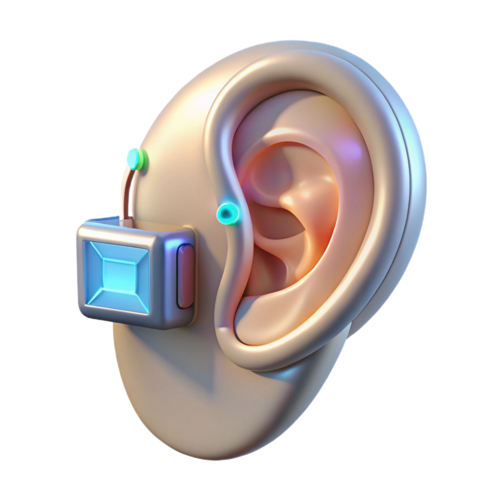 iconic vintage Cybernetic ear implant with holographic display NO BACKGROUND with Transparent Background. elite png