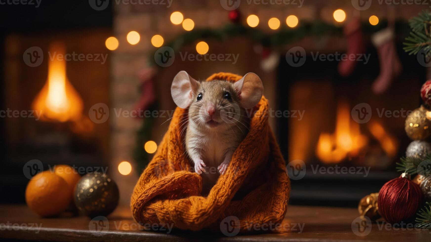 A cozy mouse wrapped in an orange blanket near a festive fireplace. photo