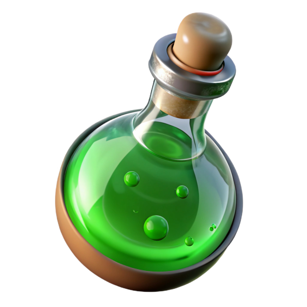 inspired contemporary A single potion bottle, filled with a swirling green liquid. NO BACKGROUND with Transparent Background. crisp png