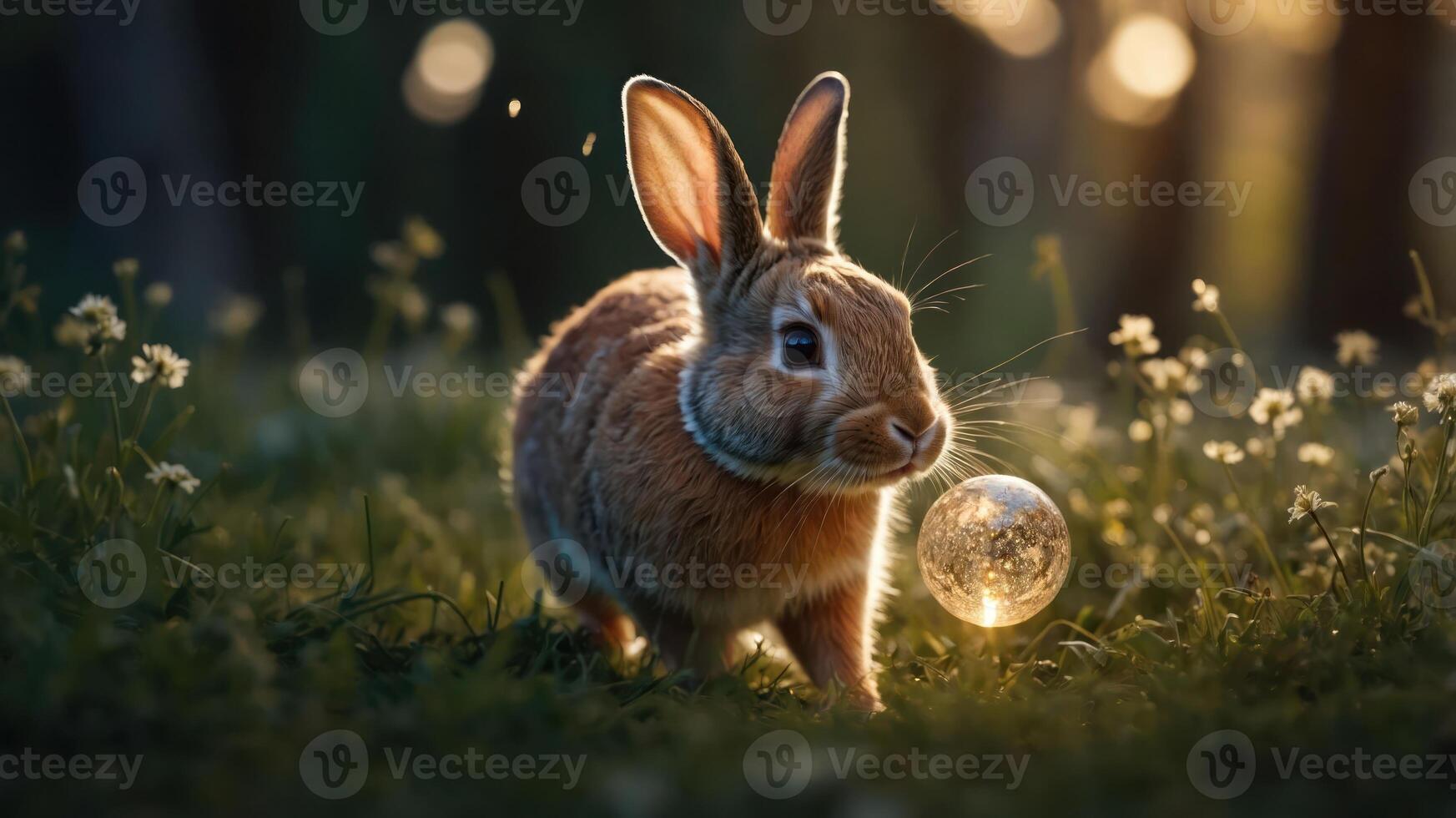 A rabbit exploring a grassy field with a glowing bubble, capturing a serene moment in nature. photo