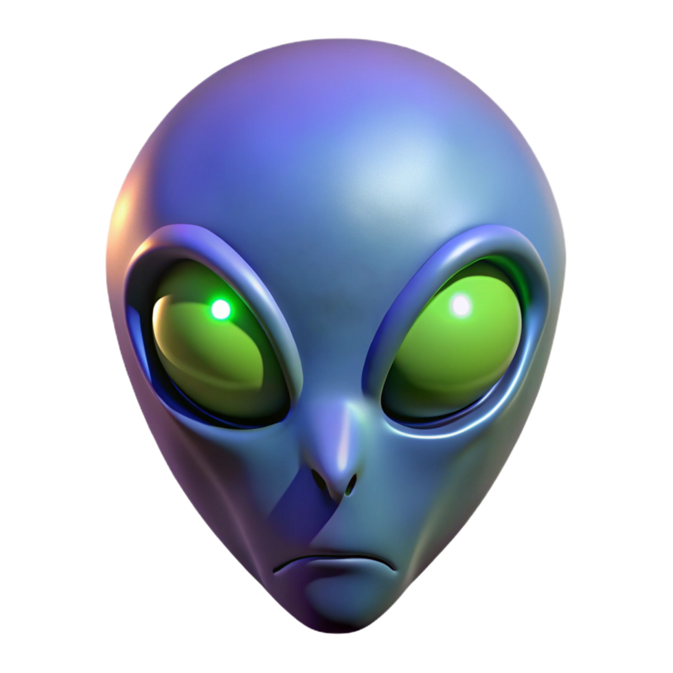 impressive reflective rustic Alien mask with glowing eyes. NO BACKGROUND with Transparent Background. crisp png