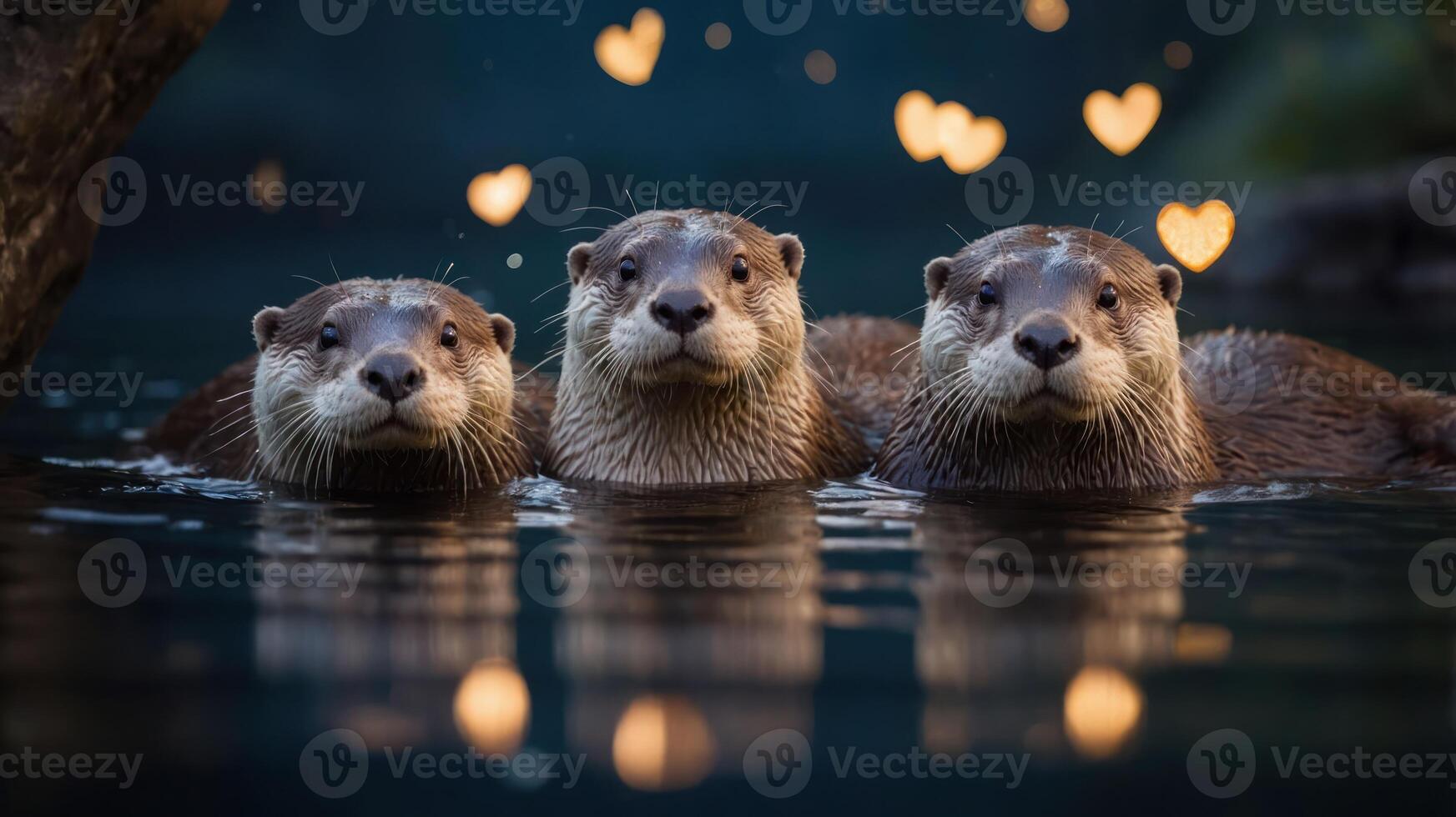 Three otters swim together, surrounded by a dreamy background of hearts. photo
