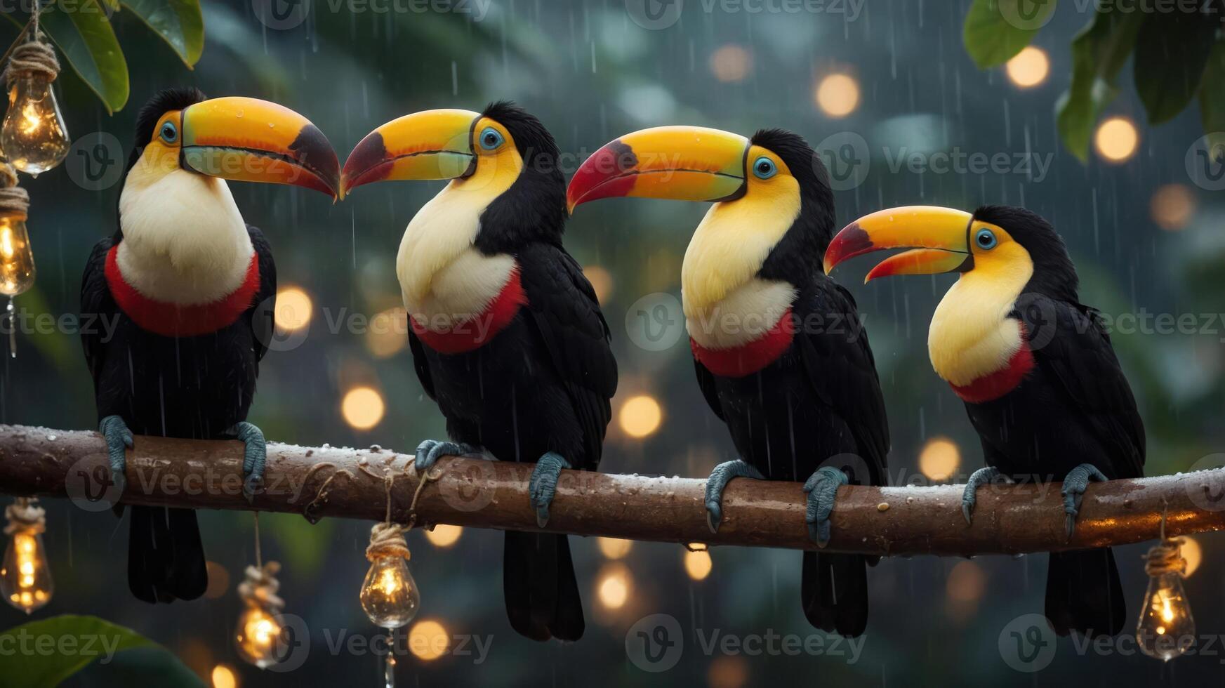 Four toucans perched on a branch in the rain, surrounded by glowing lights. photo