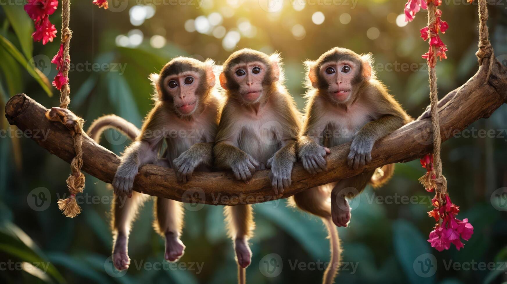 Three monkeys sitting on a branch in a lush environment, surrounded by flowers. photo