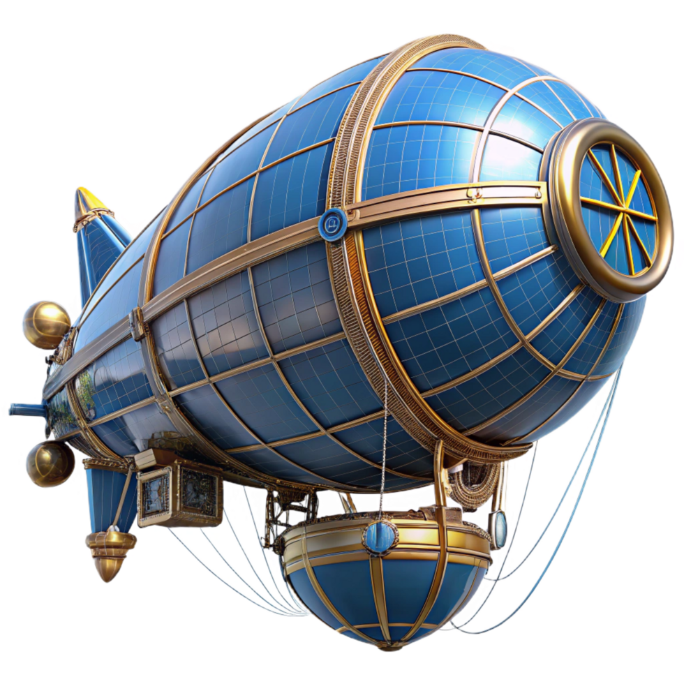 breathtaking memorable Steampunk airship design with detailed blueprints and cross-sections. NO BACKGROUND with Transparent Background. png