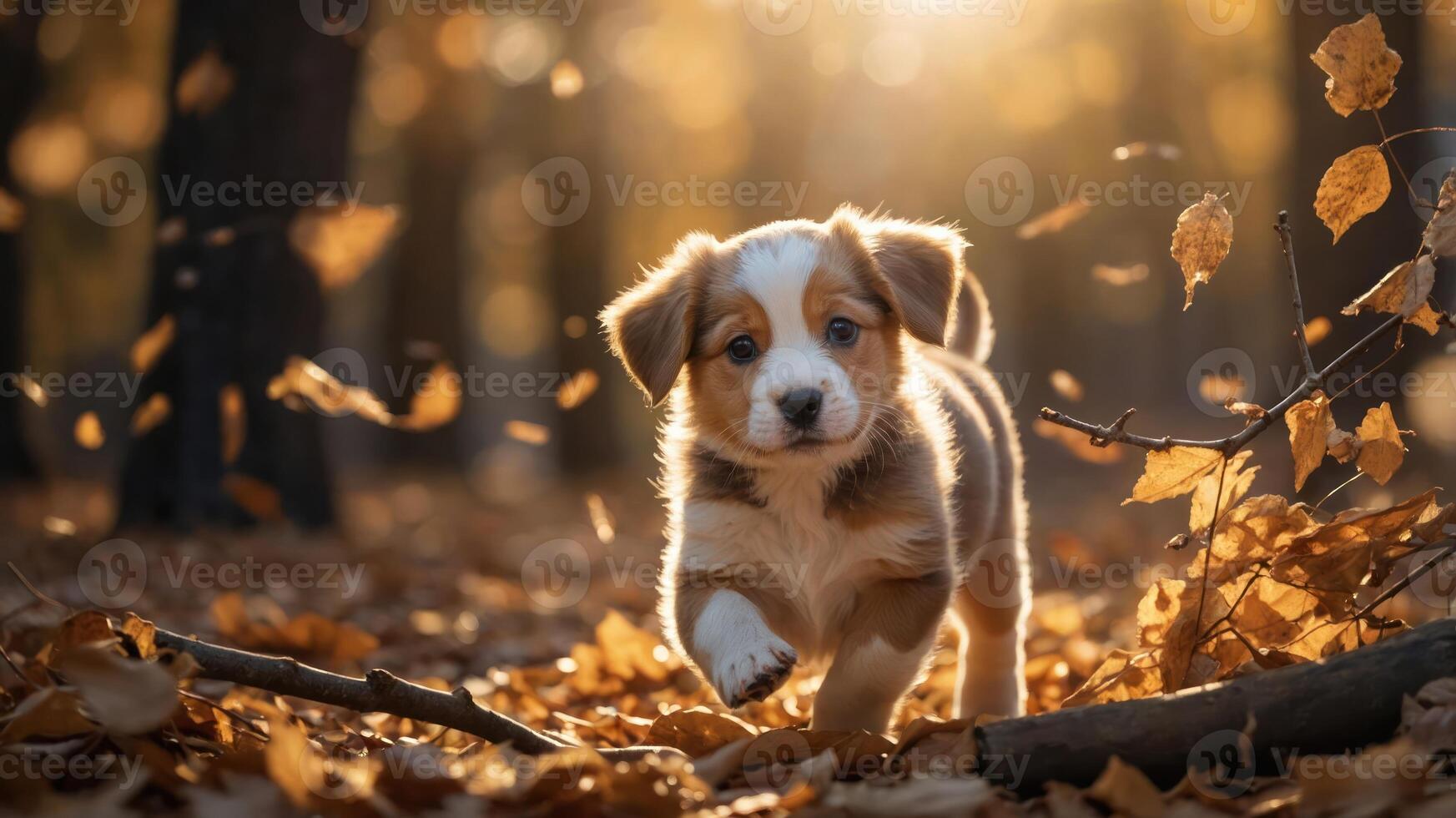 A playful puppy runs through a sunlit forest with autumn leaves falling around it. photo