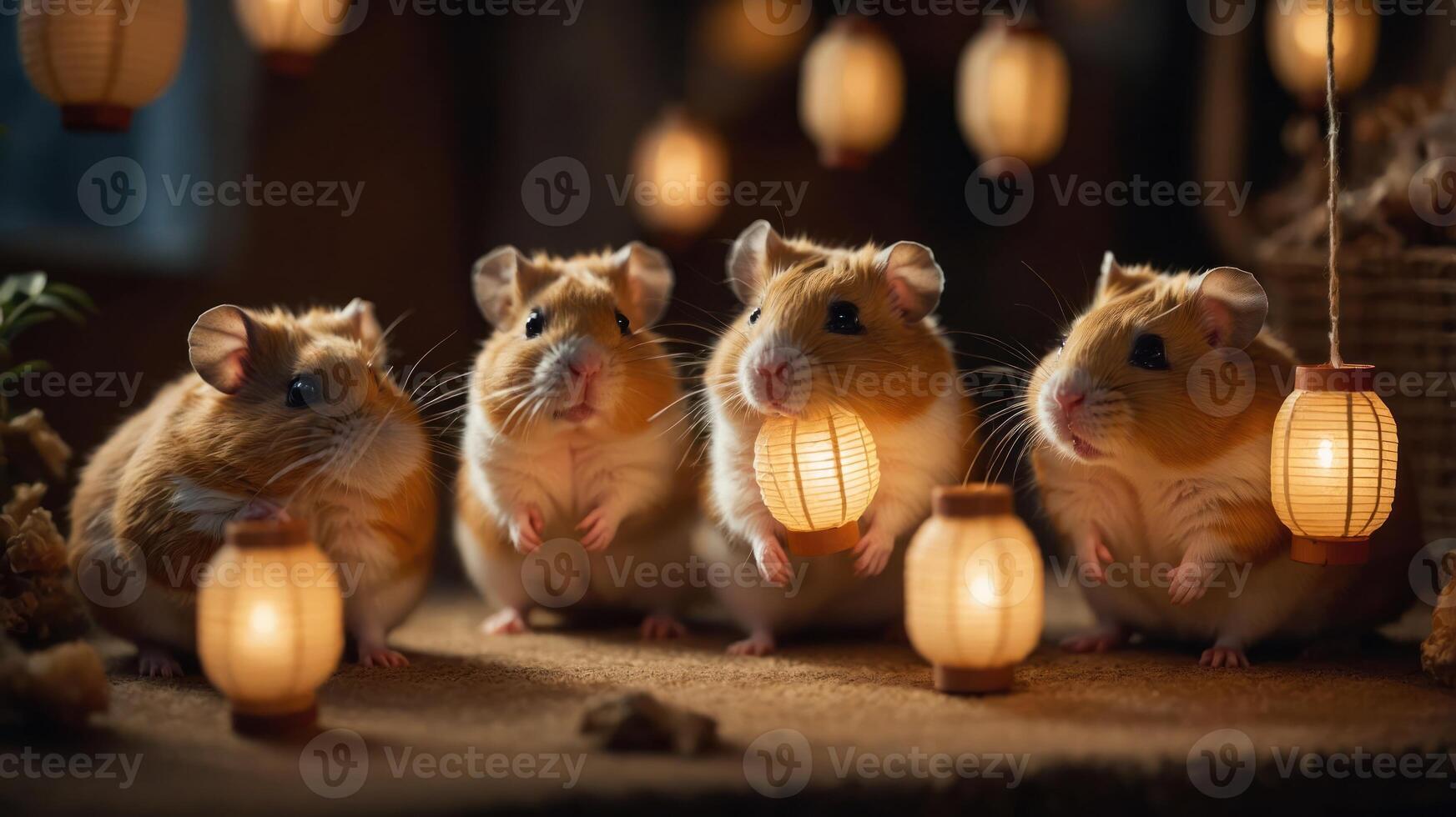 Four hamsters holding lanterns in a cozy setting, creating a warm, whimsical atmosphere. photo