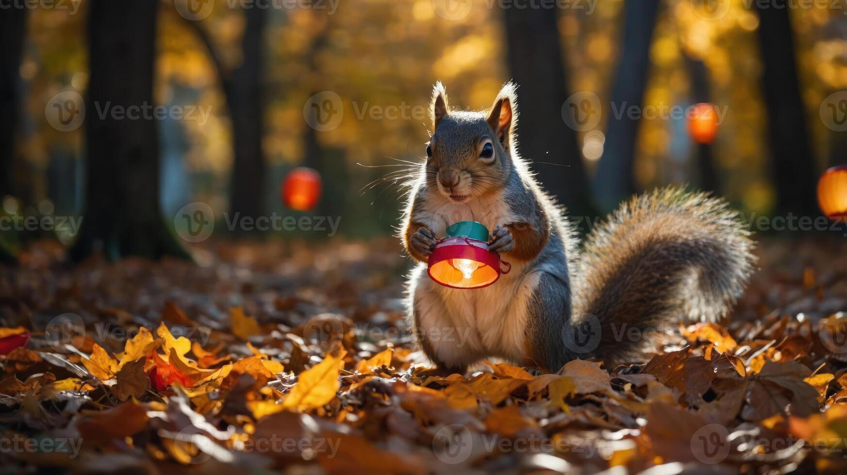 A squirrel holds a colorful lantern among autumn leaves in a serene forest setting. photo