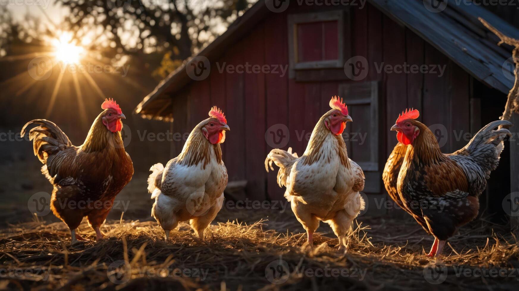 Four chickens walking in golden sunlight near a rustic barn at sunset. photo