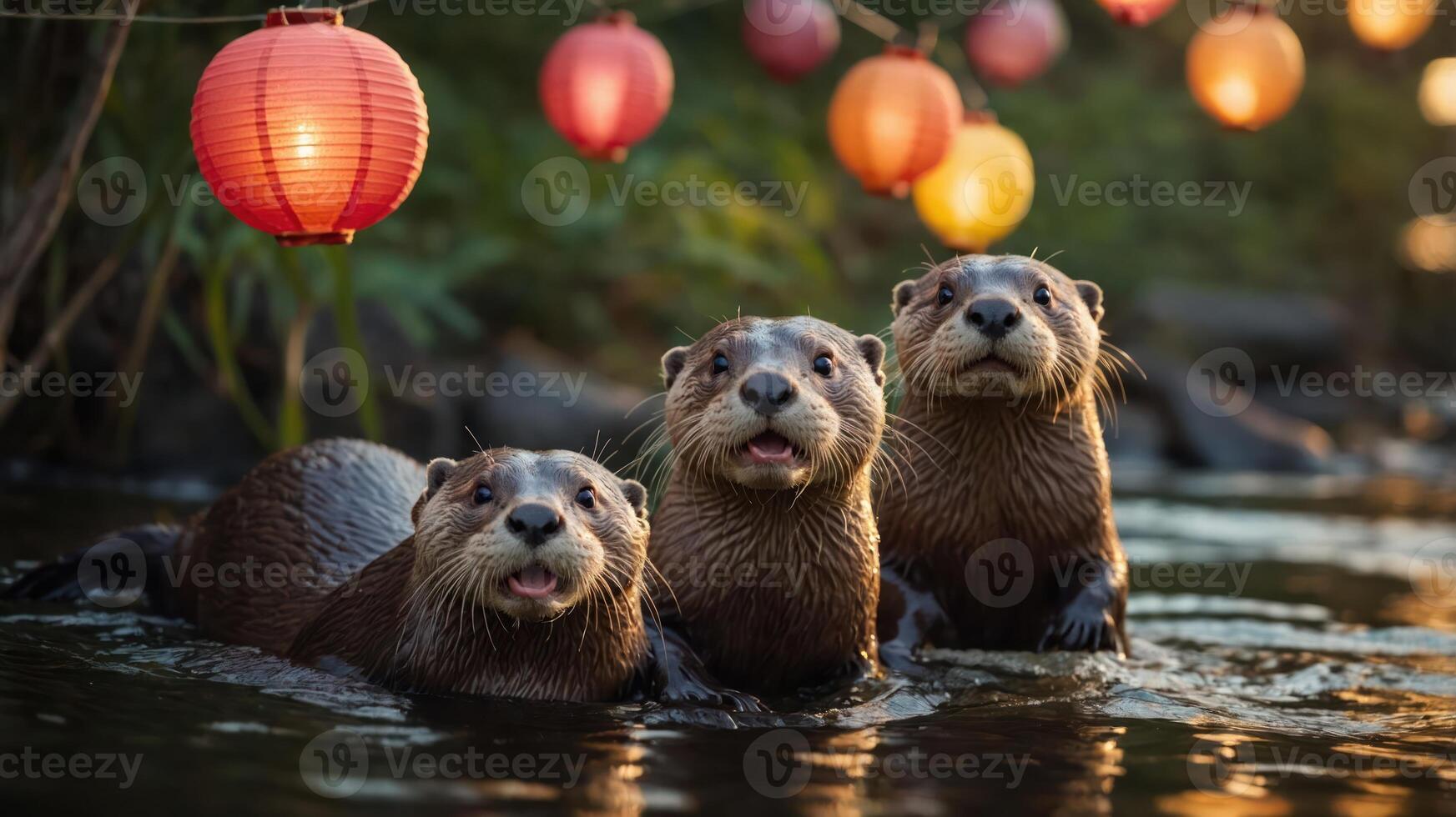 Three playful otters in a serene water setting, surrounded by glowing lanterns. photo