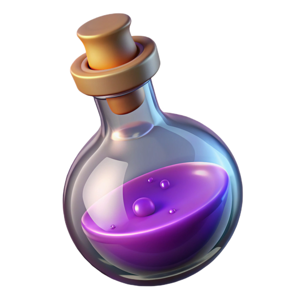 magnificent inspired Single glowing magic potion bottle, swirling liquid, cork stopper, NO BACKGROUND with Transparent Background. png