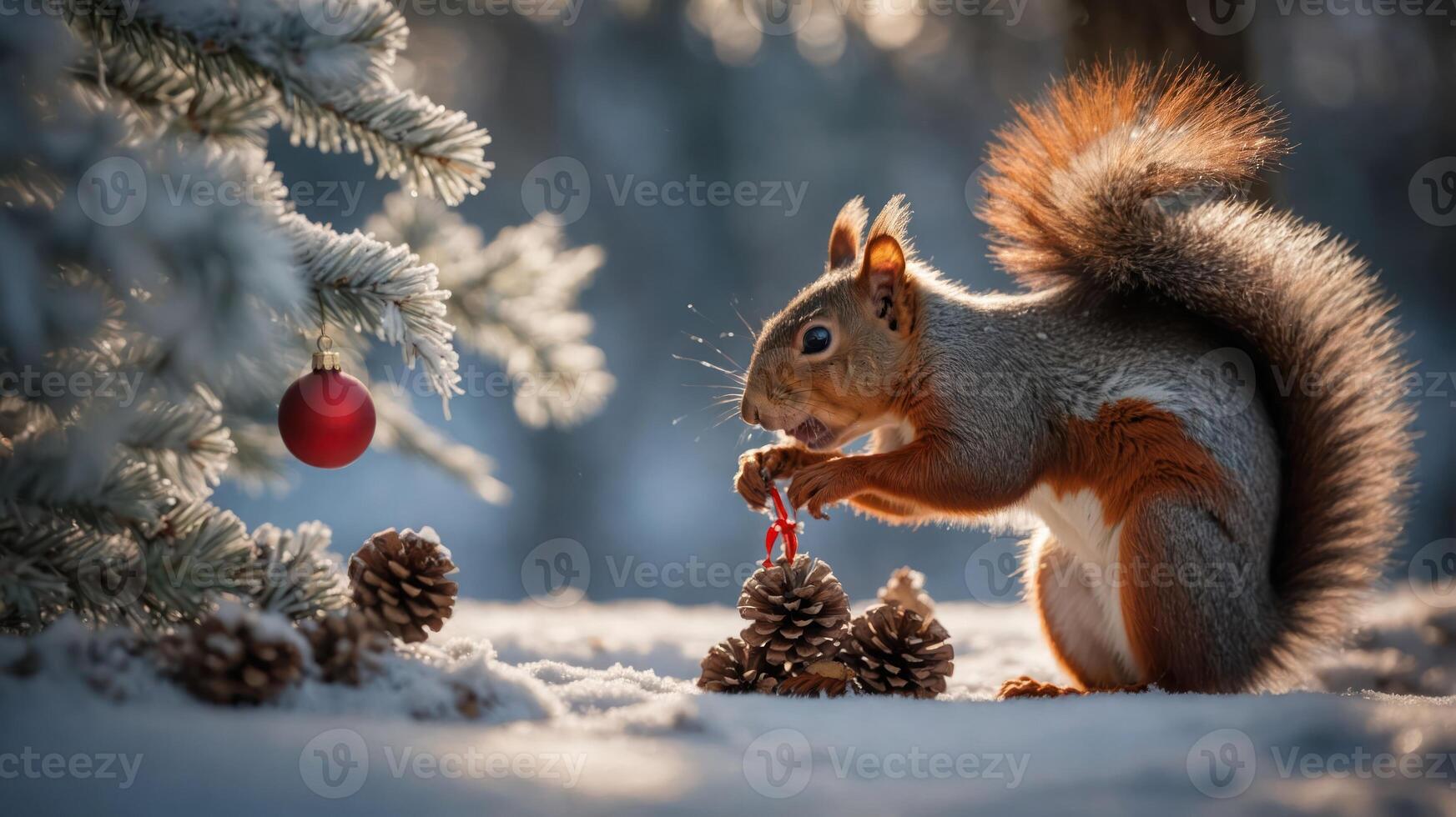 A squirrel interacts with pine cones near a decorated tree in a snowy landscape. photo