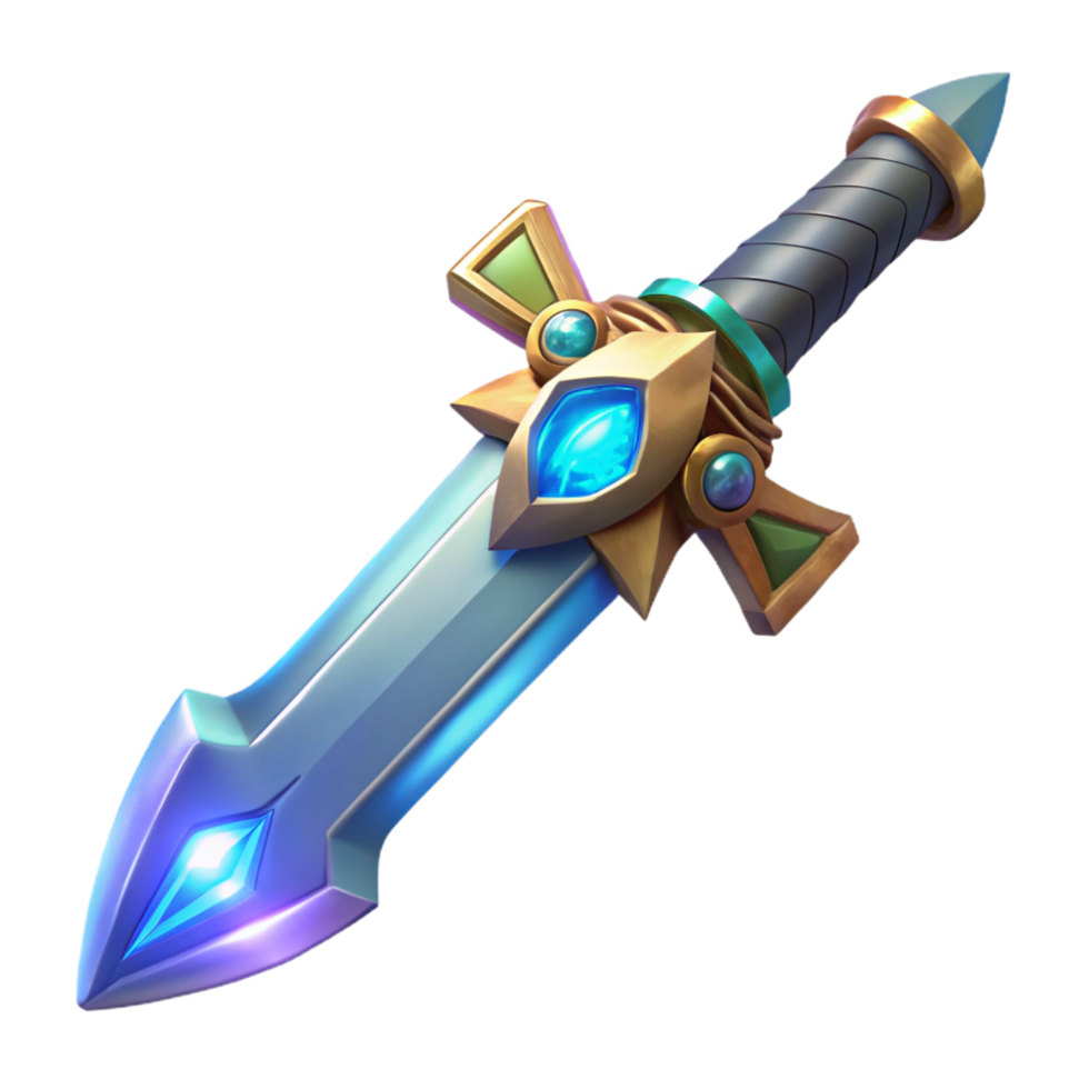 impressive artistic Ancient enchanted sword, jeweled hilt, glowing runes, NO BACKGROUND with Transparent Background. artisan png