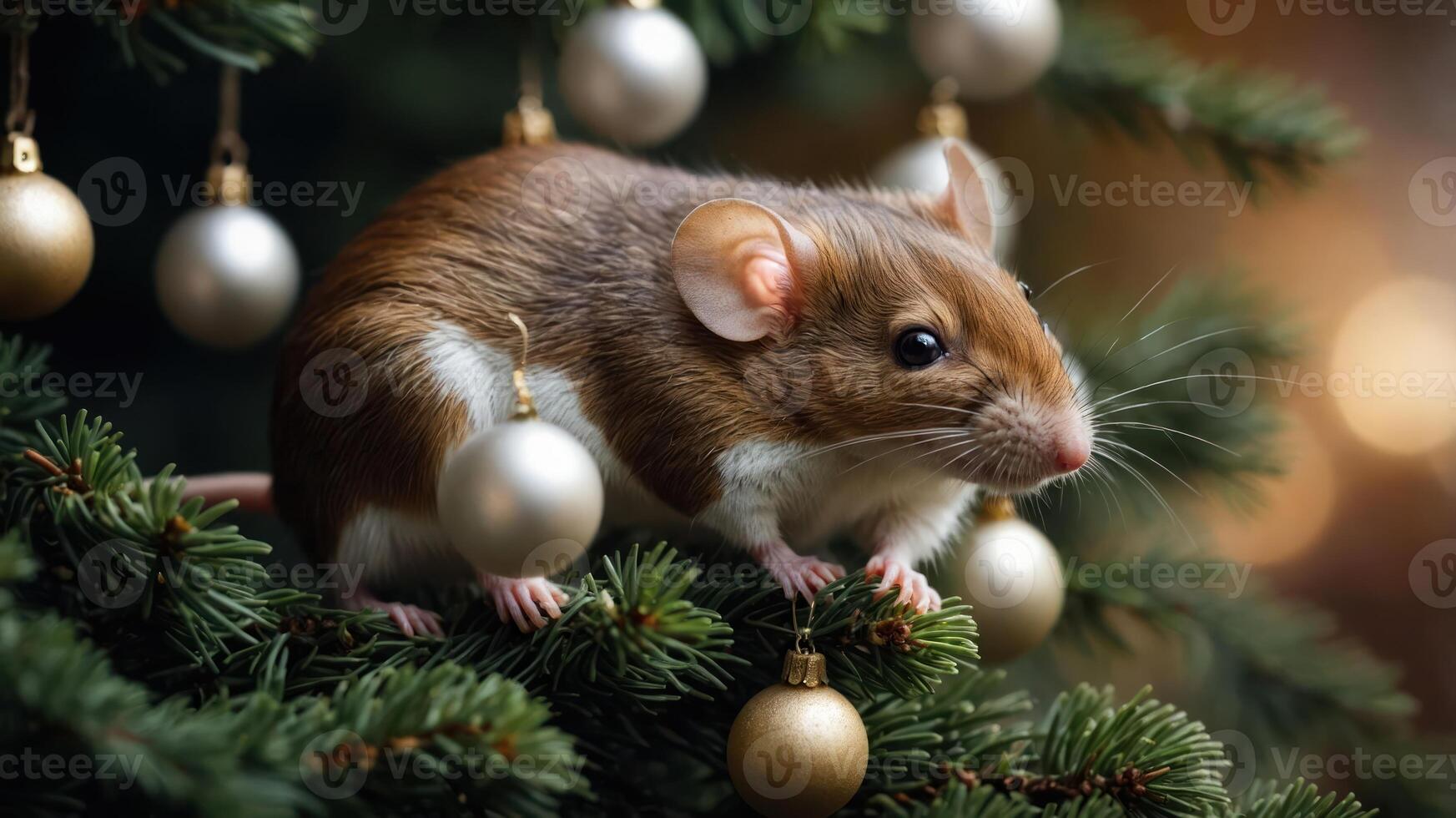 A cute brown mouse perched on a Christmas tree, surrounded by festive ornaments. photo