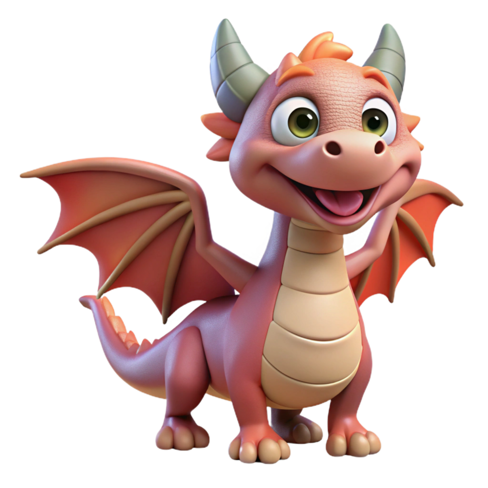 nostalgic impressive Smiling cartoon dragon, playful expression, small wings, NO BACKGROUND with Transparent Background. 4K png