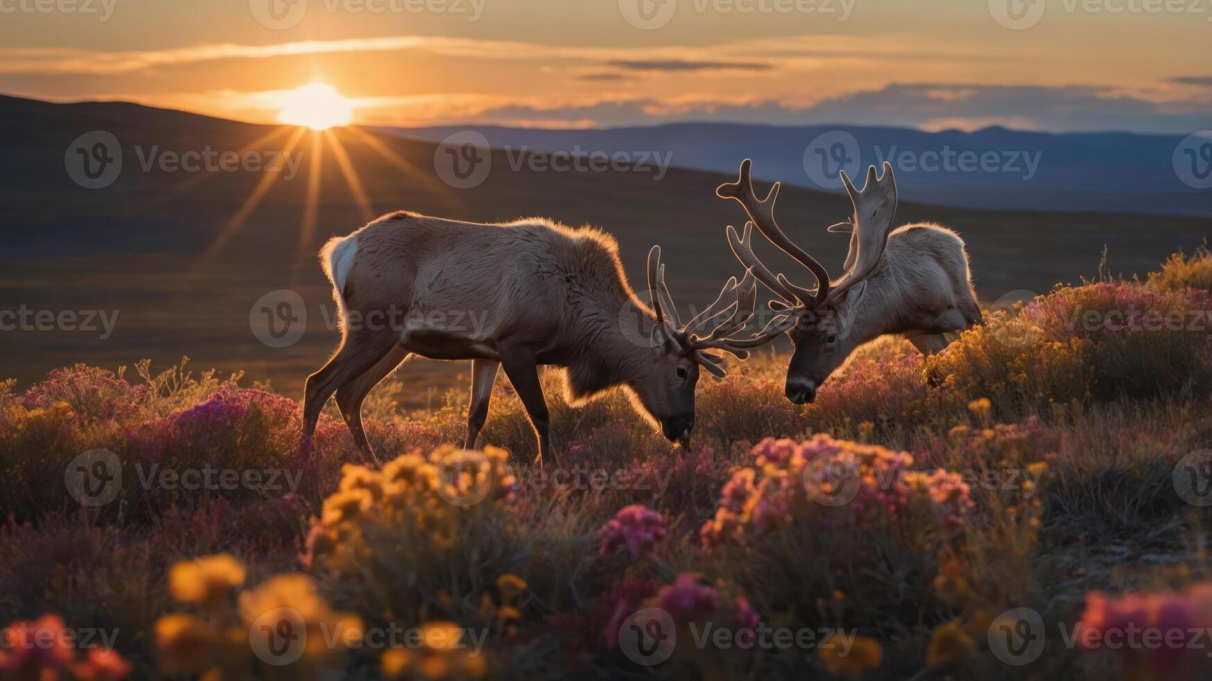 Two reindeer grazing among colorful flowers at sunset in a serene landscape. photo