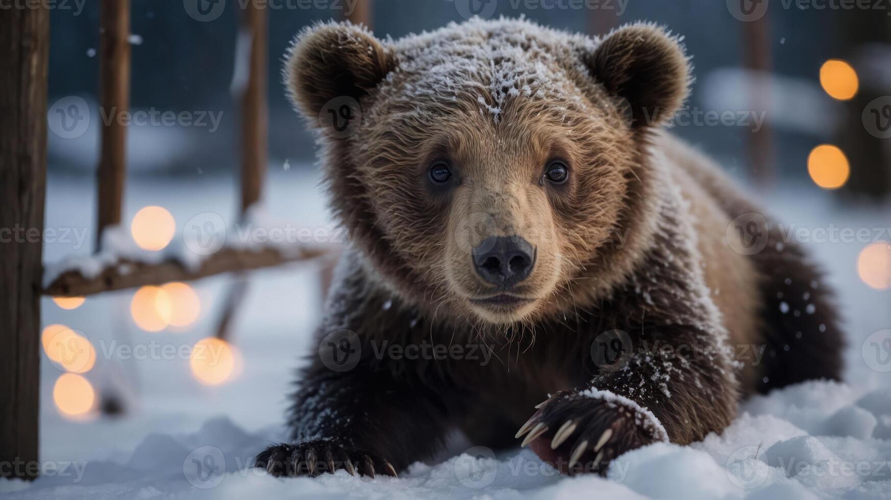 A close-up of a bear in a snowy landscape with soft lights in the background. photo