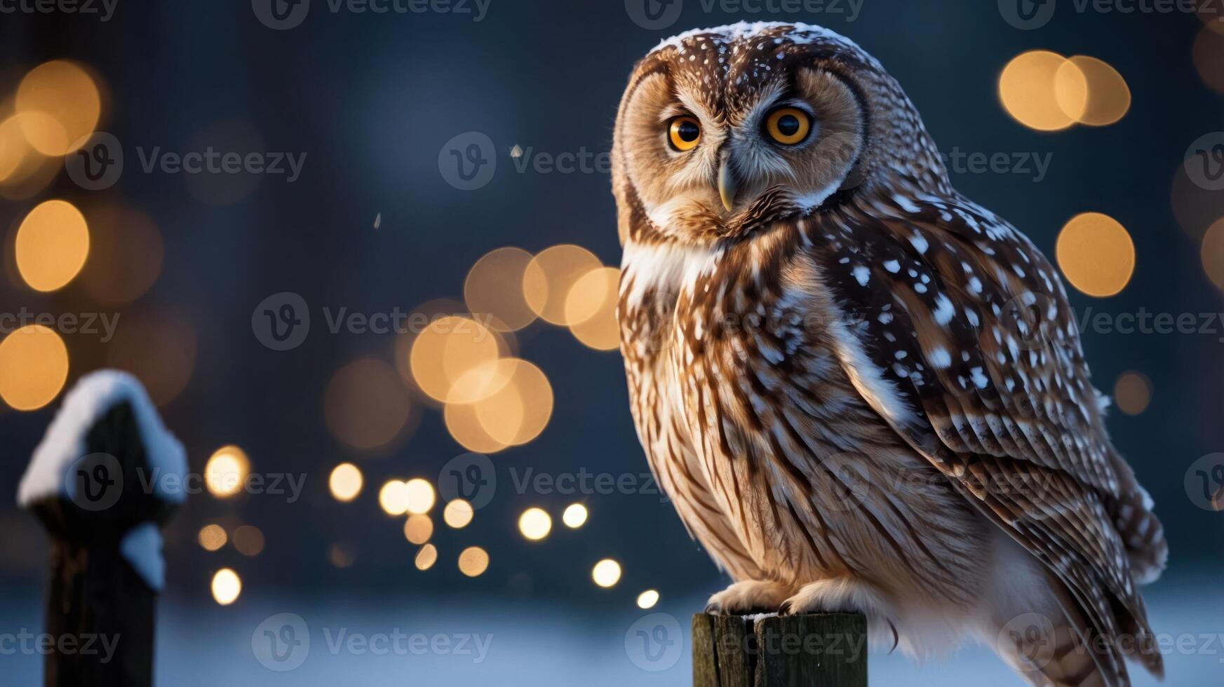 A snowy owl perched on a post, surrounded by soft bokeh lights in a winter setting. photo