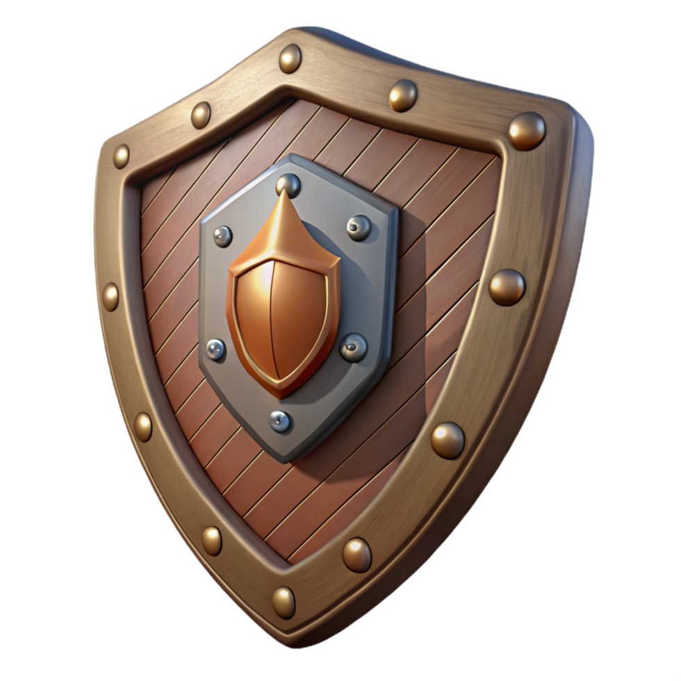 magnificent artistic Single medieval shield, metal and wood, heraldic design, NO BACKGROUND with Transparent Background. authentic png