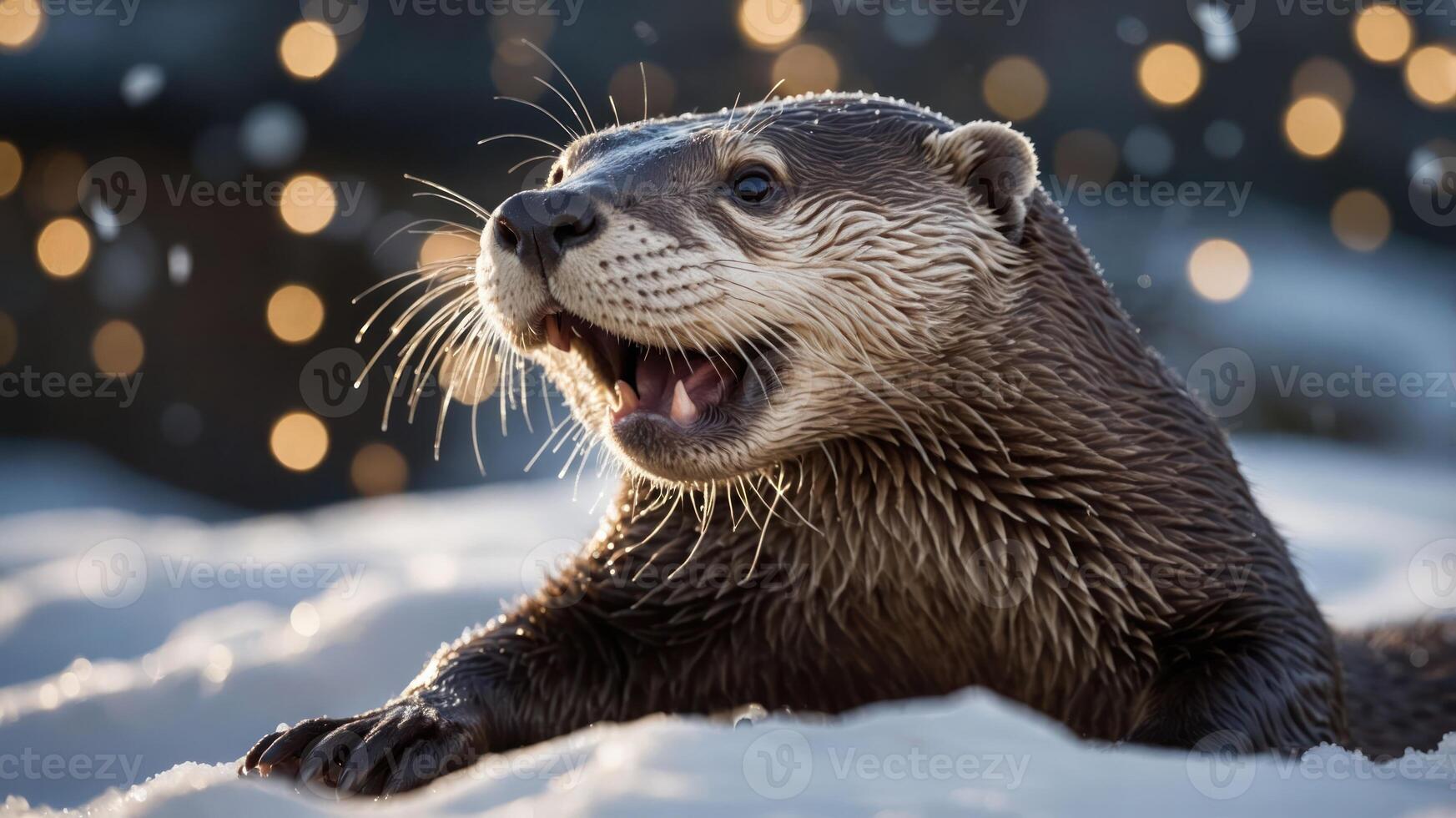 A playful otter in the snow, surrounded by soft bokeh lights, exuding joy and curiosity. photo