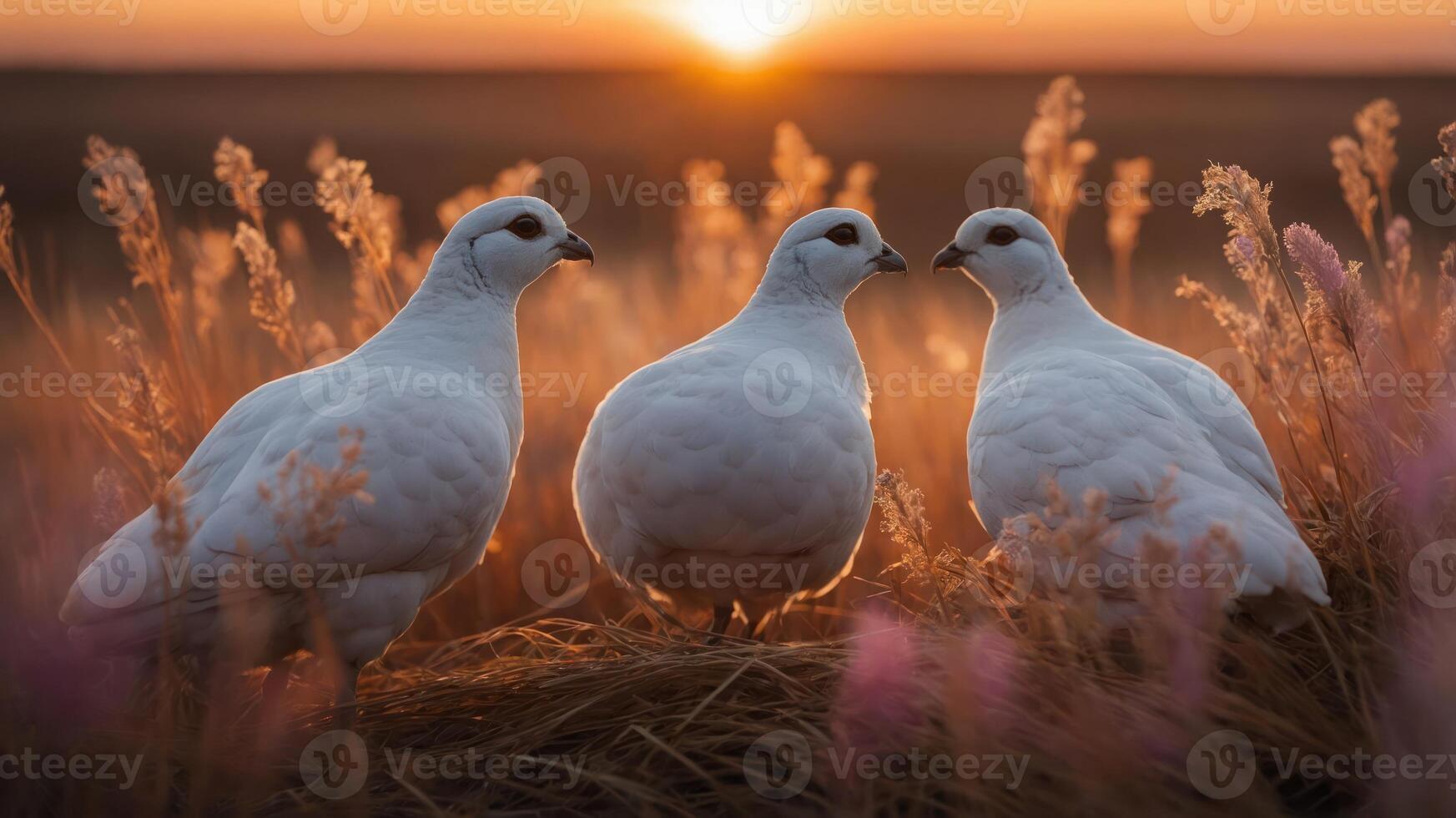 Three white birds stand together in a golden field at sunset, creating a serene atmosphere. photo