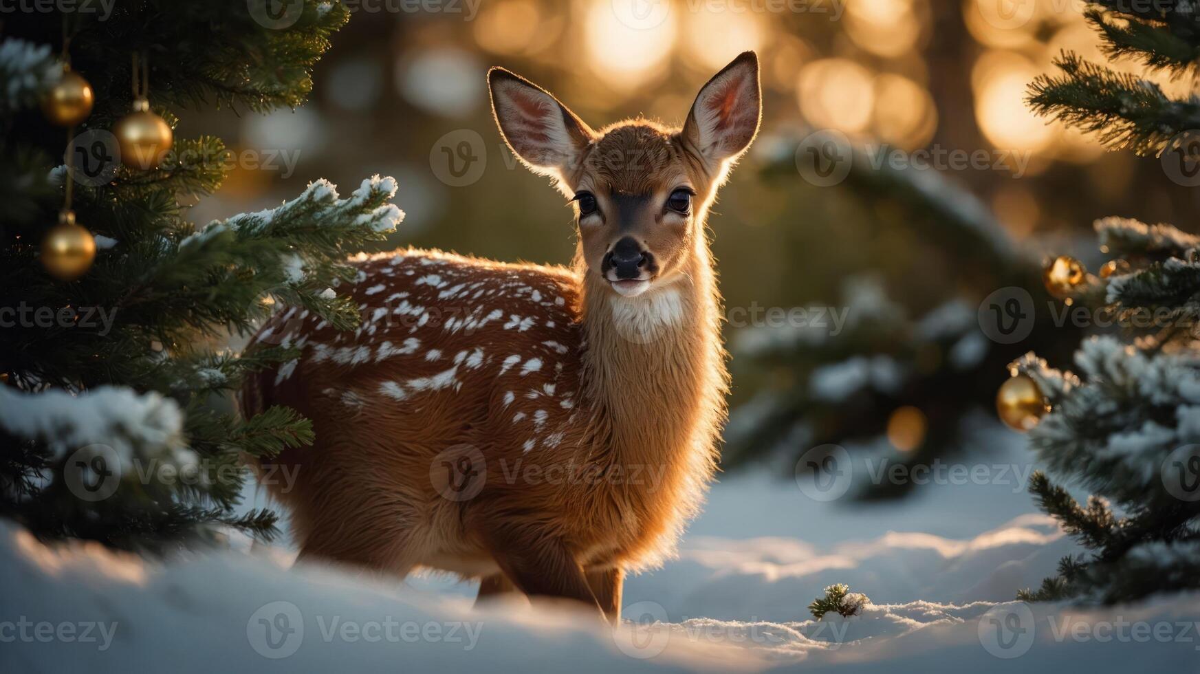 A young deer stands amidst snow-covered trees adorned with ornaments, capturing a serene winter scene. photo