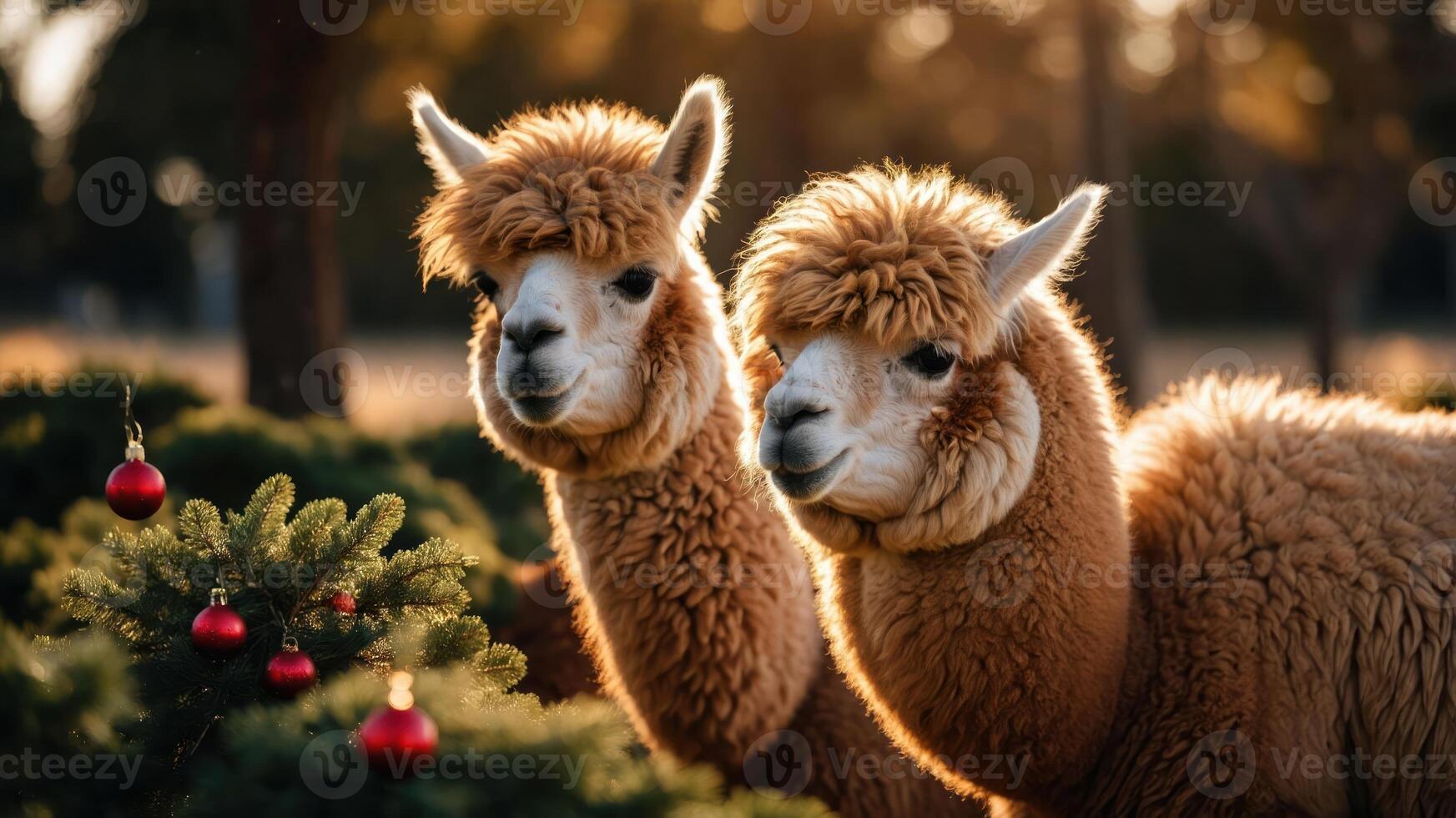 Two fluffy alpacas beside a decorated Christmas tree in a warm, sunlit setting. photo