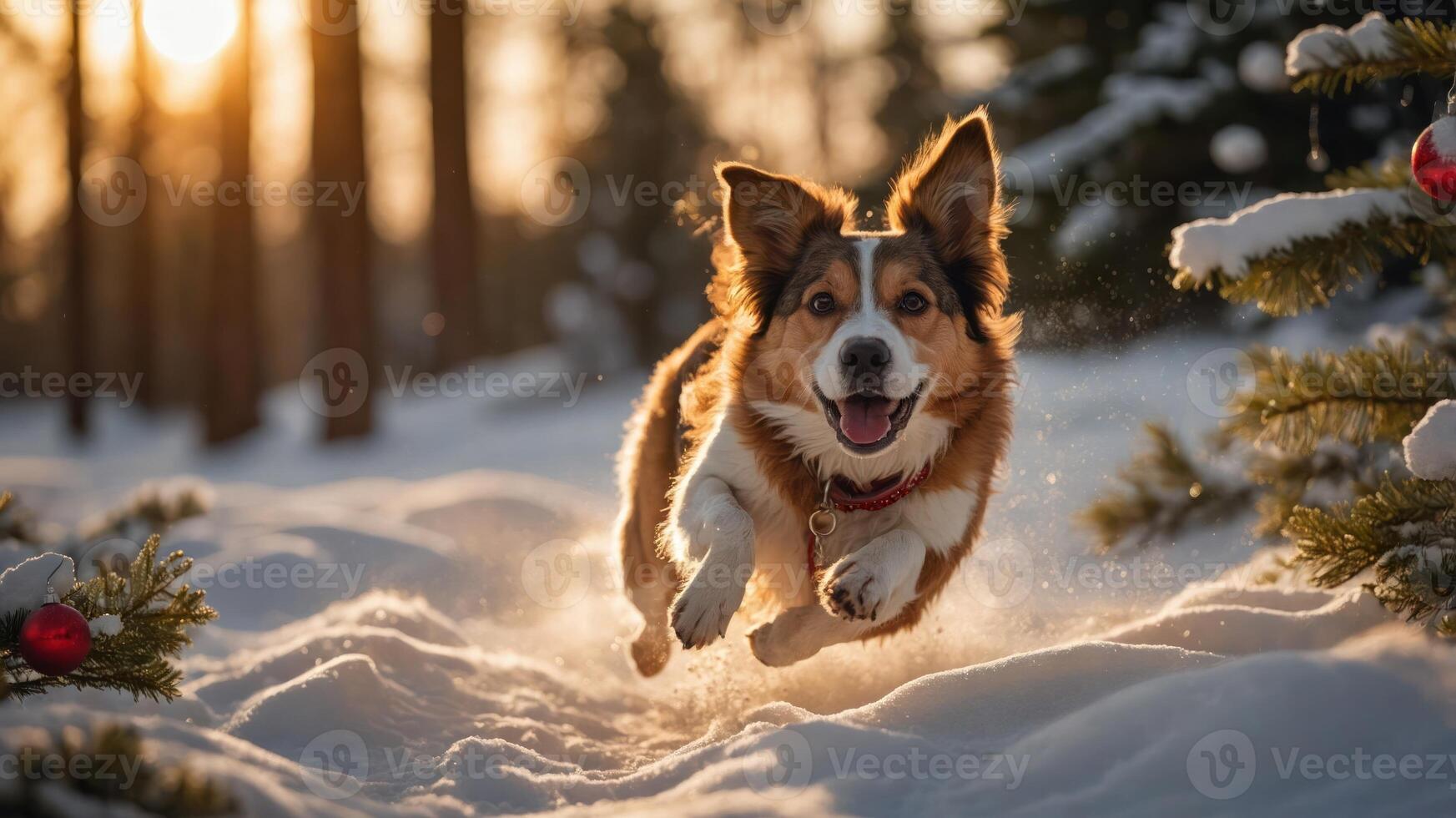A playful dog joyfully runs through snowy terrain, surrounded by trees and festive decorations. photo