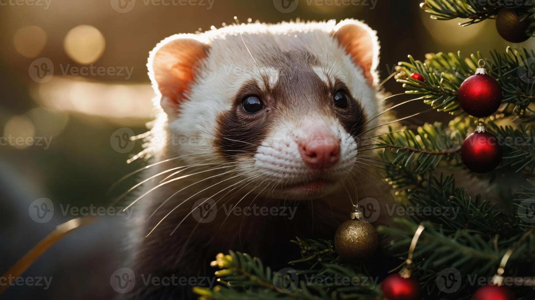 A ferret curiously peeking among Christmas decorations on a festive tree. photo