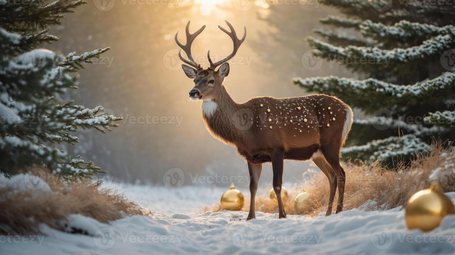 A serene winter scene featuring a deer amidst snow and golden ornaments. photo