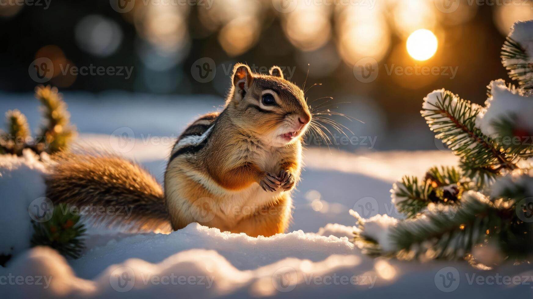 A chipmunk stands in the snow, surrounded by pine branches, with a sunset in the background. photo