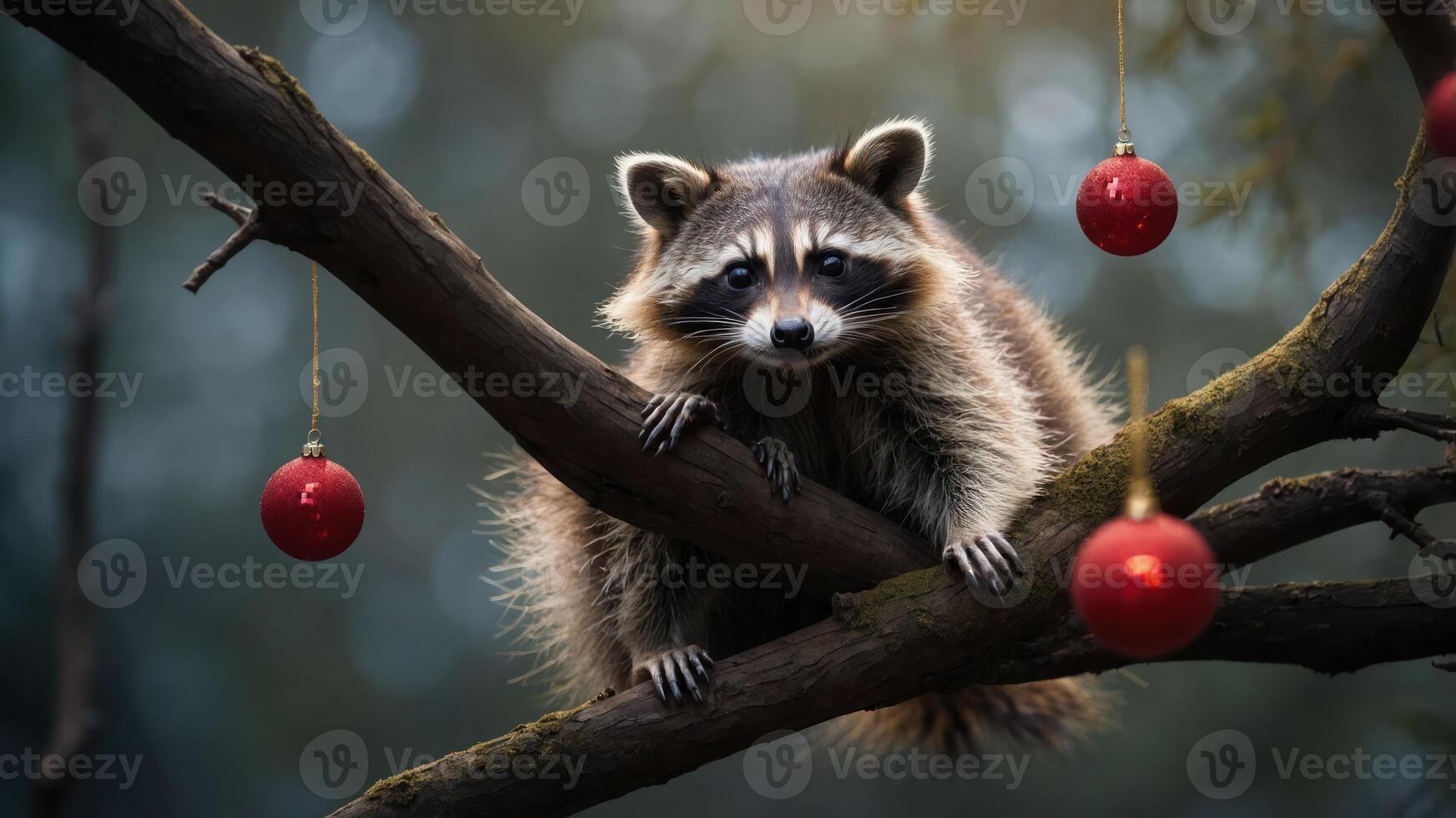 A raccoon perched on a branch adorned with red ornaments in a serene, blurred background. photo