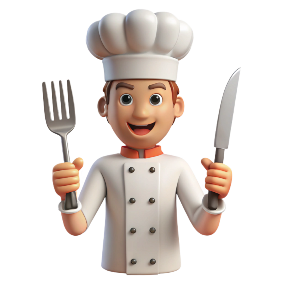 standout industrial Chef, holding knife and fork, NO BACKGROUND with Transparent Background. high quality png