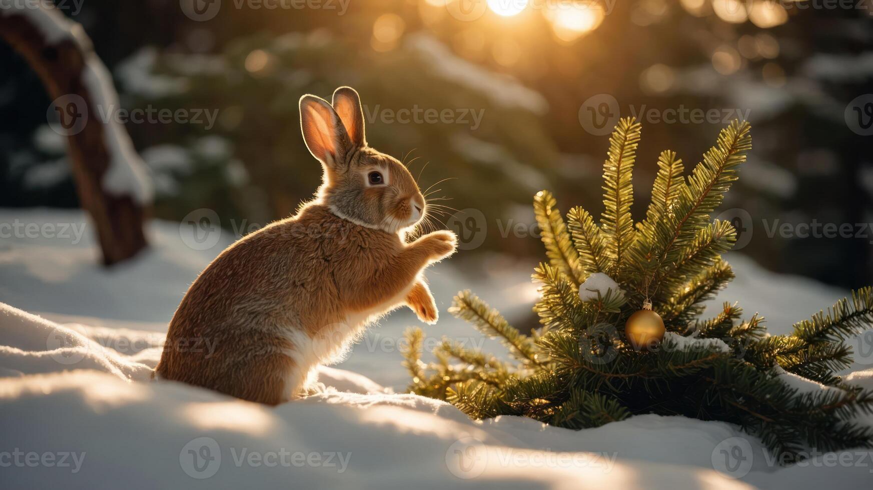 A rabbit in a snowy forest near a small evergreen tree with a golden ornament. photo