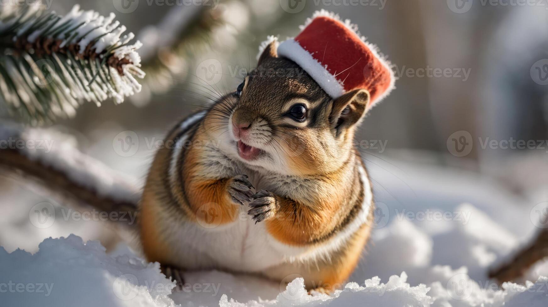 A chipmunk wearing a Santa hat sits in the snow, creating a festive winter scene. photo