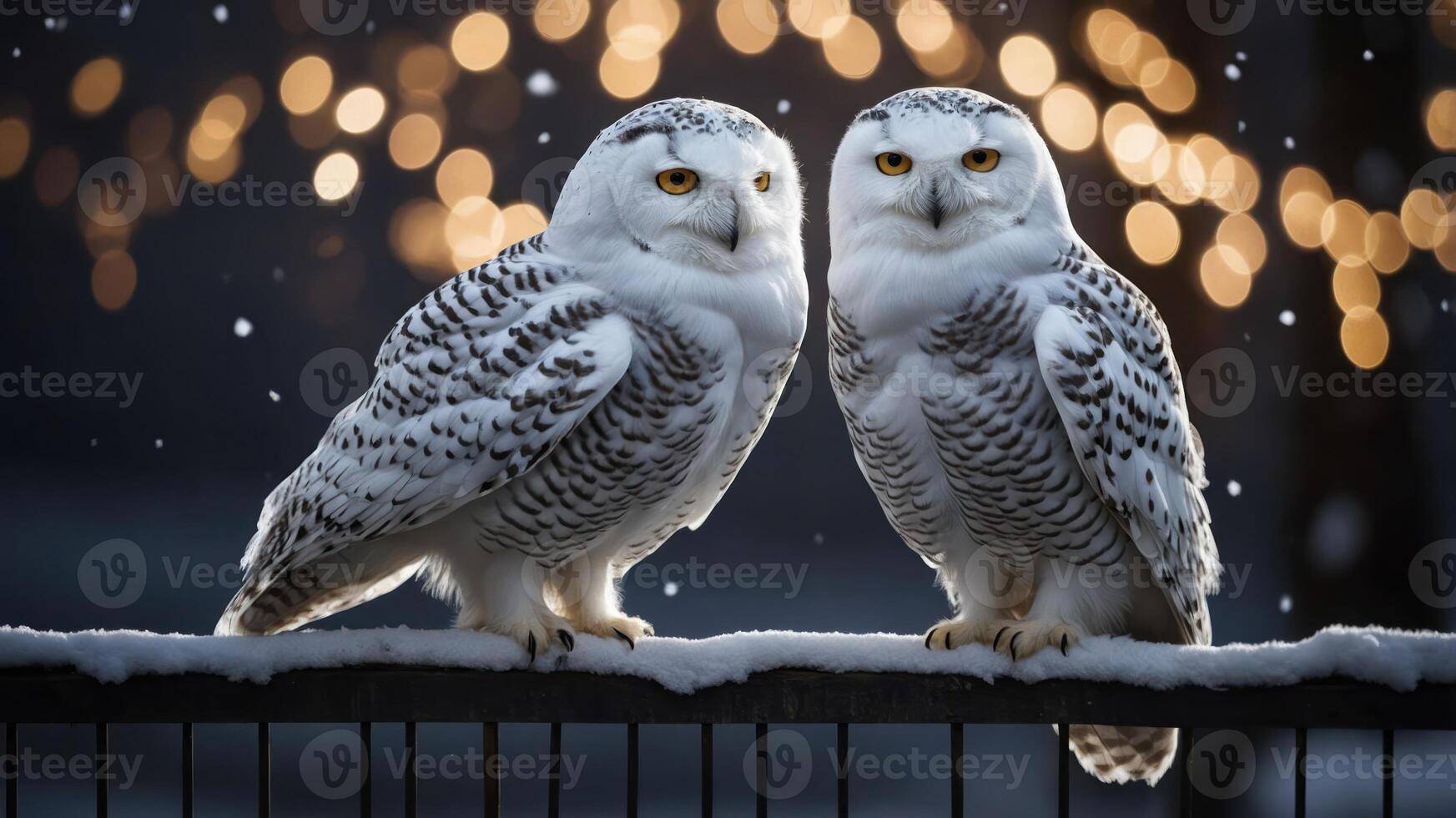 Two snowy owls perched on a fence with a blurred, festive background. photo