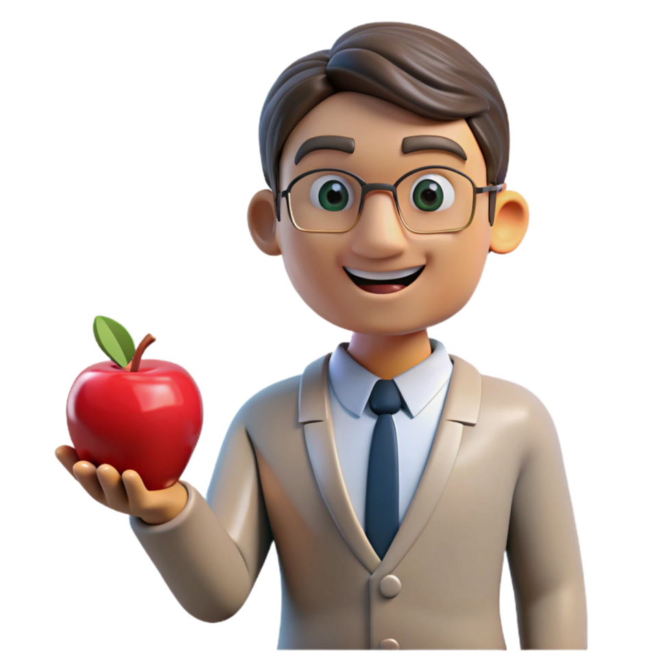 memorable impressionist Teacher, holding apple, NO BACKGROUND with Transparent Background. luxury png