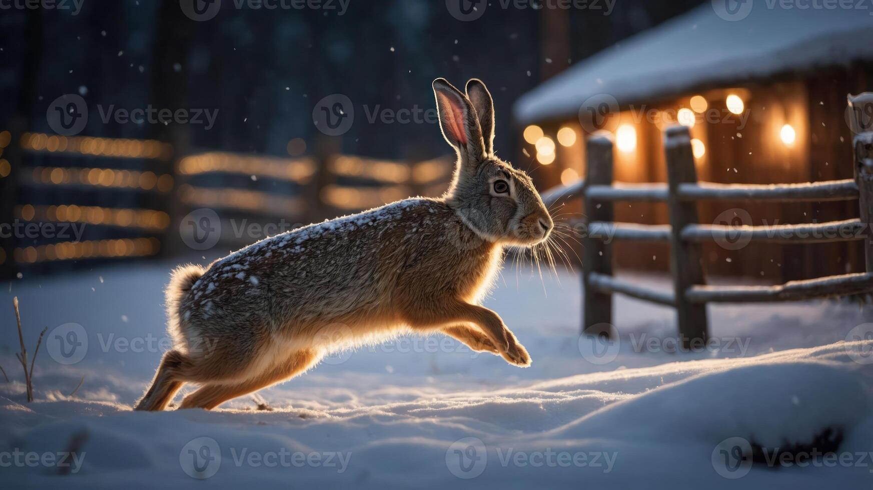 A snow-covered scene featuring a rabbit leaping near a cozy cabin adorned with lights. photo