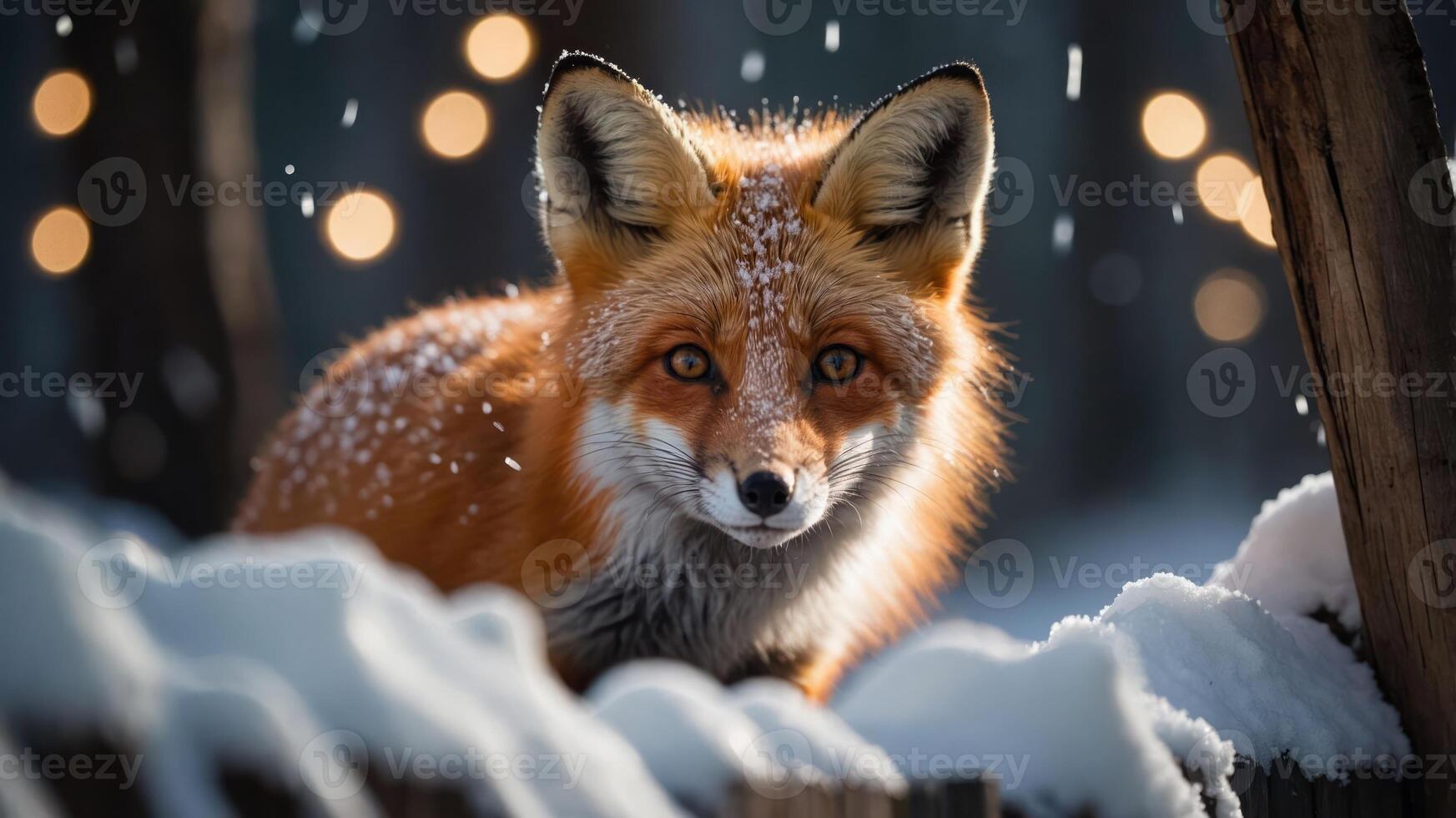 A close-up of a fox in a snowy forest, with soft bokeh lights in the background. photo