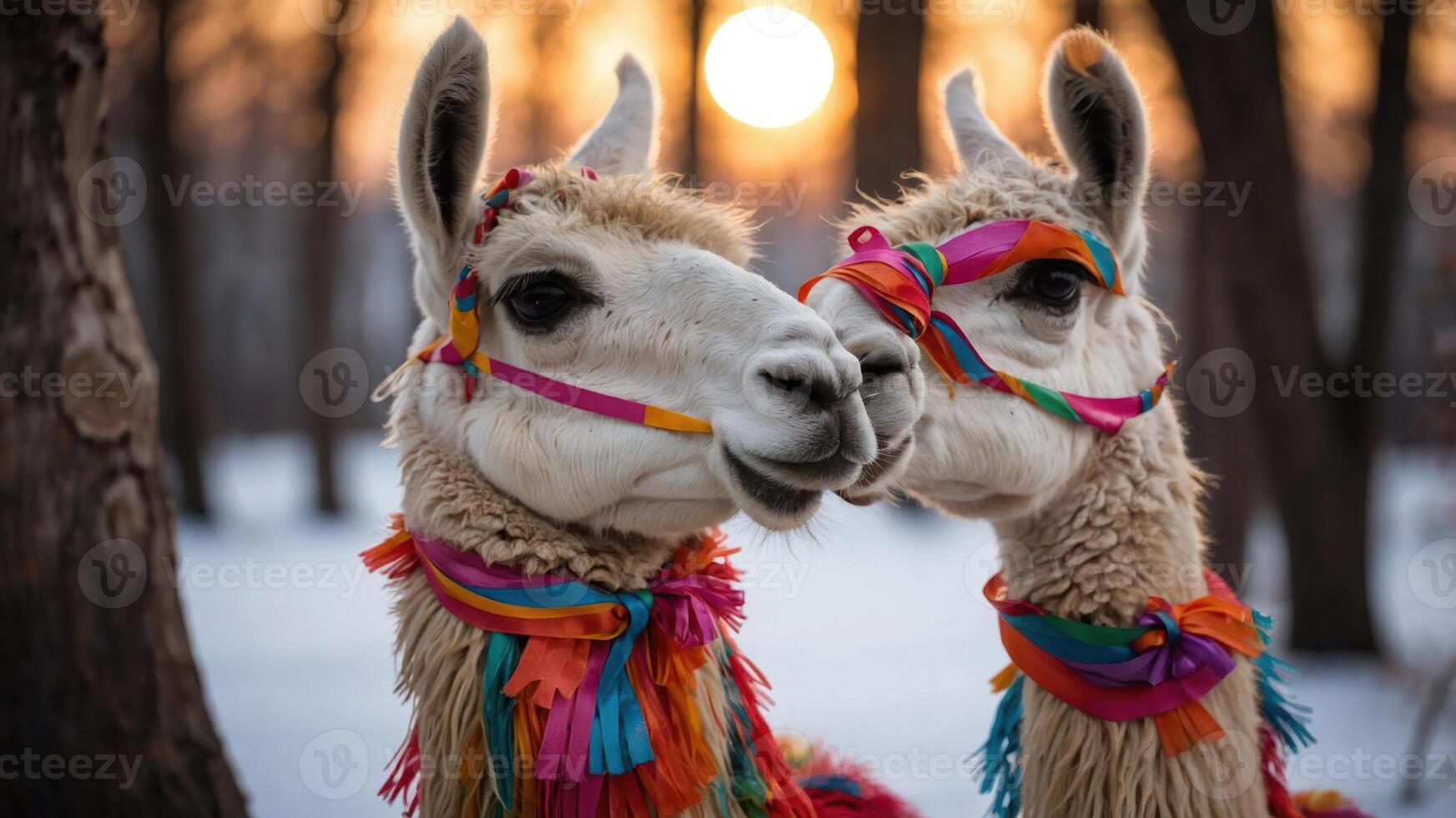 Two llamas adorned with colorful decorations in a snowy landscape at sunset. photo